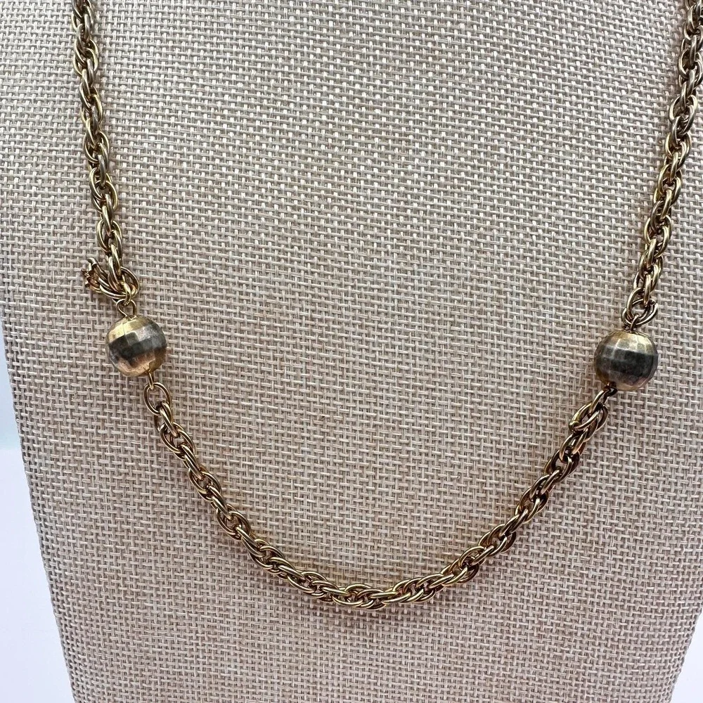 Vintage 80s Gold Tone Ball Bead‎ Station Necklace Rope Chain Statement Jewelry
